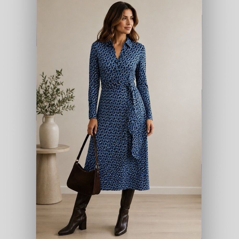 Boden Laura Jersey Midi Shirt Dress Blue Geometric Chain Belted Size 16-18R